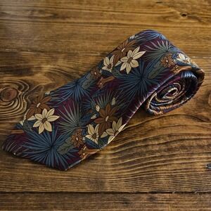 Aquascutum London 100% Silk Floral Necktie Burgundy‎ Blue Gold Hand Finished